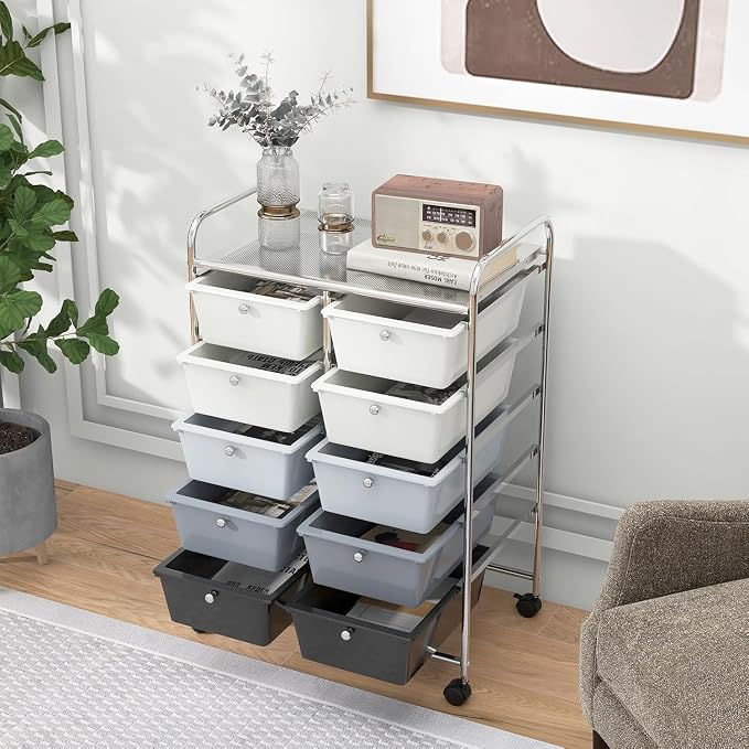 10 Drawer Rolling Cart, Storage Cart Organizer on Wheels, Drawer Cart with Metal Frame & Large Storage Capacity, Rolling Cart with Drawers for Living Room Classroom, Office - Image 9