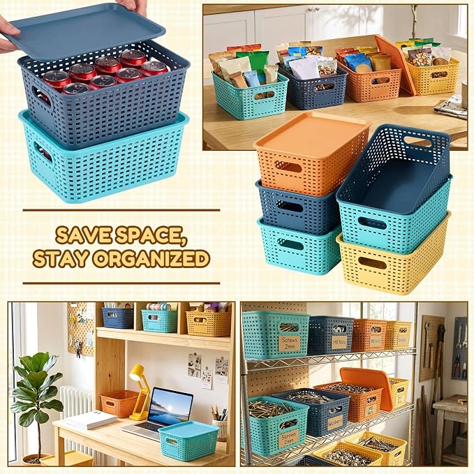 12 Pack Plastic Storage Baskets with Lids Stackable Organizing Bins Storage Baskets Organizers and Containers for Closet, Pantry, Office, 10.2 x 7.2 x 4.1 Inches(Boho Color) - Image 7
