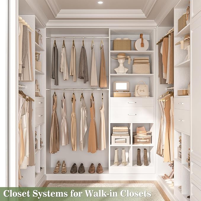 Besiost Closet System, 4-8 FT Closet Organizer Tower with 2 Wooden Drawers and Shelves, Can Fit 60 to 96 inch Walk-in Closet System with 5 Hanging Rods, Built-in, White - Image 8