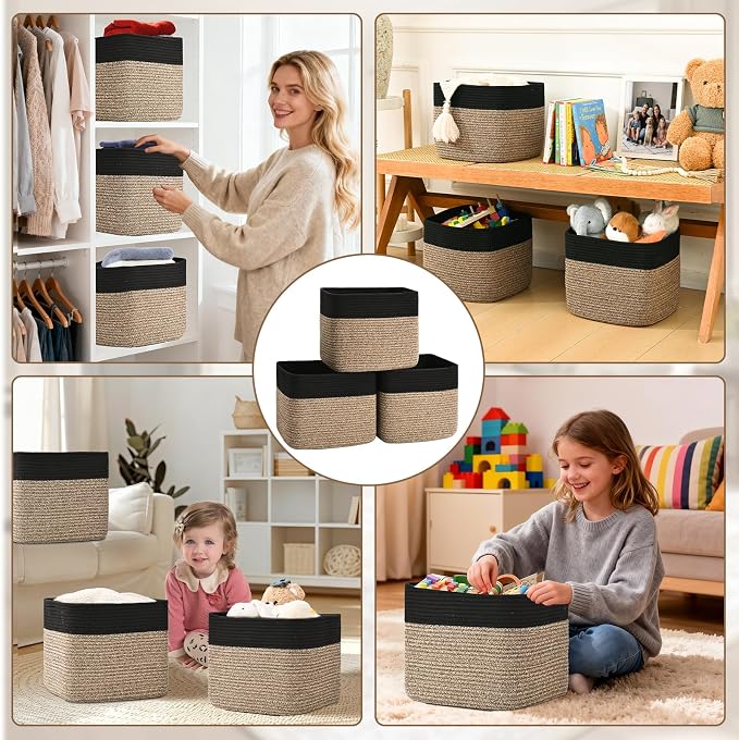 3 Pack Cube Storage Bin, 12”x12”x10” Cotton Rope Woven Baskets for Organizing Toys Clothes Towels, Square Gift Storage Baskets for Shelves, Nursery, Closet, Bathroom, Pantry (Black & Brown) - Image 8
