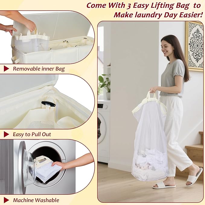 110L Laundry Hamper with Lid, Reinforced Sturdy Large Laundry Hamper with Handle and Lid, Collapsible Clothes Basket Organizer with Removable Liner Bag, Tall Dirty Clothes Bin for Dorm Bedroom - Image 6
