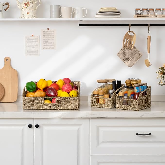StorageWorks Seagrass Storage Baskets, Pantry Organizers and Storage,3-Pack | Pantry Storage Baskets, Wicker Baskets with Built-in Handles, Handwoven Shelf Baskets for Organizing, Pantry Organization - Image 8