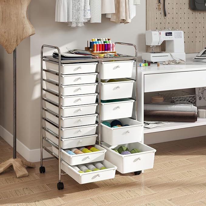DREAMADE 15-Drawer Rolling Storage Cart, Mobile Craft Cart, White | Utility Organizer with Lockable Wheels, Removable Plastic Drawers and Metal Frame for Home Office, Classroom and Studio - Image 9