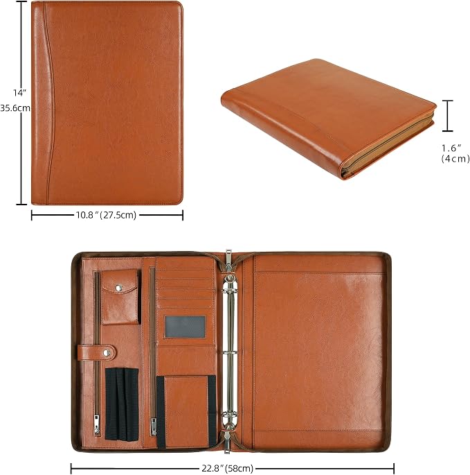 Brown Leather Padfolio for Women/Men, Business Leather Binder 3 Ring Portfolio, Personalized Leather Portfolio Binder, Zippered Portfolio Organizer for A4 Notepad & 13-inch Laptop/Tablet - Image 7