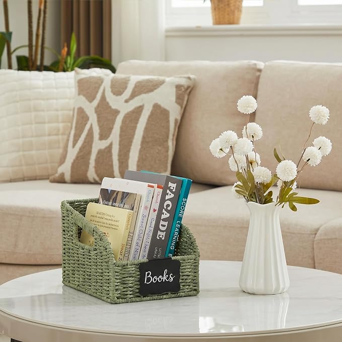 Pantry Organizers, Handwoven Large Wicker Baskets for Shelves, Labeled Storage Baskets for Organizing with Handles - Paper Storage Bins for Shelves, 3 Pack, Green - Image 9
