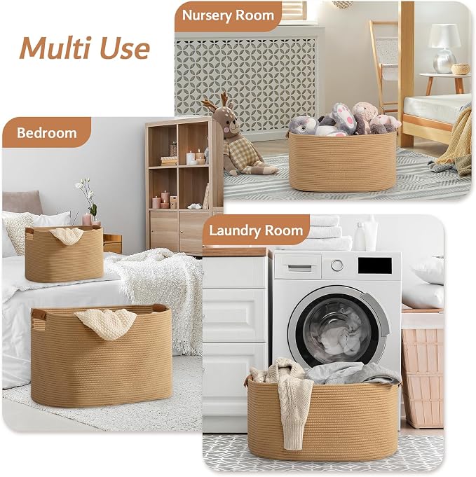 Large Blanket Basket for Living Room, 72 L Woven Cotton Rope Baskets for Kids Toy, Pillows, Towels, Cotton Organizing with leather handle, Storage Bin for Nursery, 22’’*17’’*11.8’’ Jute - Image 7