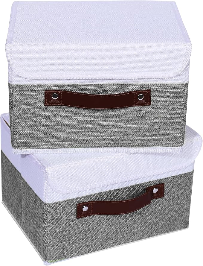 ANMINY Fabric Storage Box Bins with Lids, Gray White, 10"x8"x7", 4 Pack | Keepsake Memory Storage, Cotton Linen, PP Board Reinforced, Washable, PU Handles, Foldable & Stackable, Decorative, Small - Image 8