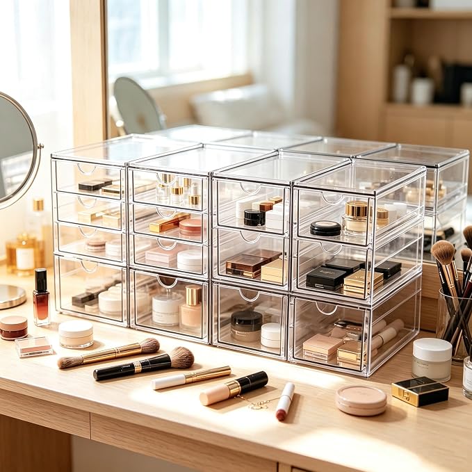 Prsildan Acrylic Desk Organizers with 14 Drawers, Stackable Makeup Storage | Anti-slip Clear Storage Bins, Vanity Organizer for Craft Bead Crayon Nail, Bathroom Kitchen Office Organization, 4 Pack - Image 7