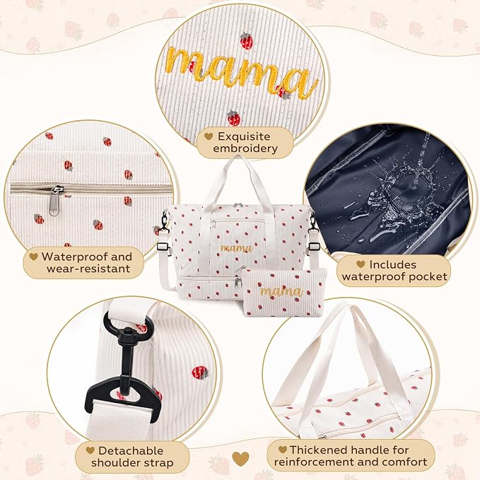 Dansydaisy Strawberry Mama Hospital Bag for Women Labor Delivery Travel Duffle Bag with Shoe Compartment Toiletry Pouch Waterproof Letter Embroidered for Pregnancy Weekender Overnight Gym Gift, Beige - Image 7