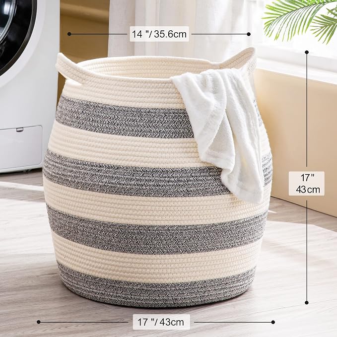 KAKAMAY Woven Baskets for Storage(17"x17"),Large Cotton Rope Basket Woven Baby Laundry Hamper,Collapsible Laundry Basket, Blanket Basket for Organizing Living Room,Nursery,Pillows,Toy Chest(Grey) - Image 7