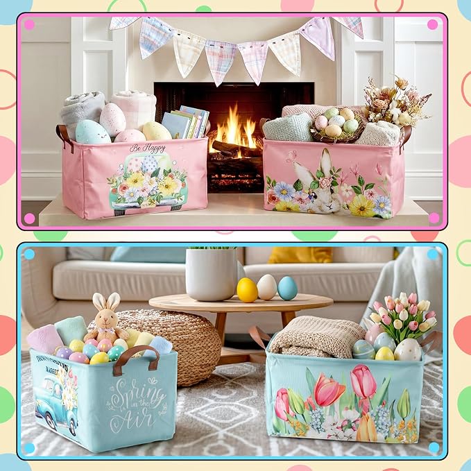 CHENGU 8 Pack Large Easter Gifts Baskets Empty Collapsible Holiday Storage Bin St Patricks Day Valentines Canvas Laundry Basket Foldable Box with Handle for Home Office Bedroom Clothes Toys - Image 7