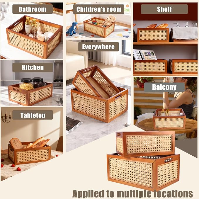 Rattan Storage Baskets Set, Wooden Frame with Woven Cane Design, Nesting Organizer Bins for Living room Bedroom Bathroom Kitchen Shelf, Set of 2 - Image 7