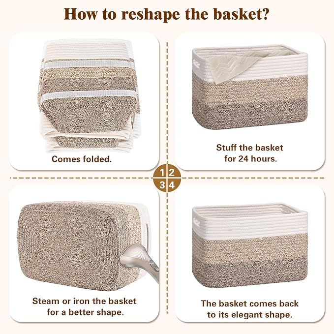Storage Baskets for Organizing, 4 Pack Baskets for Shelves, Decorative Storage Bins for Shelves, Cotton Rope Storage Basket with Handles, Woven Basket for Storage, 13''Lx8.7''Wx7.9''H, Gradient Brown - Image 8