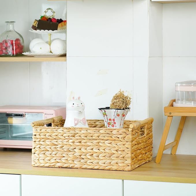 VATIMA Extra Large Wicker Basket Rectangular with Wooden Handles for Shelves, Water Hyacinth Basket Storage, Natural Baskets for Organizing, Wicker Baskets for Storage 16.7"x12.4"x7" - Image 7