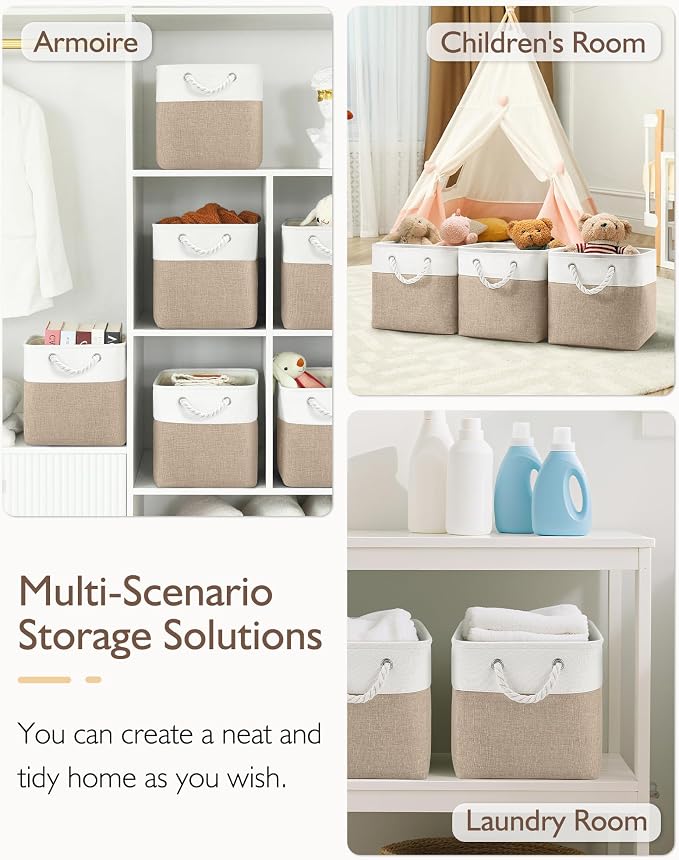 Patvingot 11-Inch Fabric Cube Storage Bins with Handles,6 Pack,Foldable | For cube shelves and closets,keeps grouped for everyday access,reinforced opening and fold-flat storage,white and khaki - Image 8