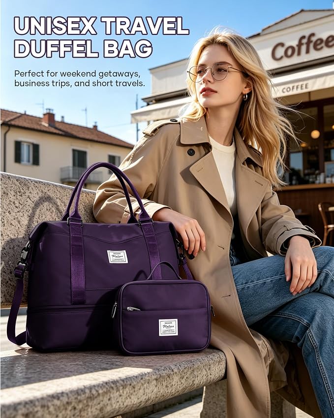 Travel Duffel Weekender Bag Women Tote Carry On Bags With Shoe Compartment | 18x14x8 inches Travel Overnight Bags with Trolley Sleeve for Airplanes Waterproof Sport Tote Gym with Toiletry Bag Purple - Image 9