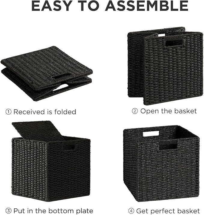 UBBCARE 2 Pack Wicker Basket, 11L×11H×10.5W inch Woven Paper Rope Storage Baskets for Shelves, Foldable Cube Storage bin with Handle, Storage Basket for Organizing & Decor, Black - Image 7