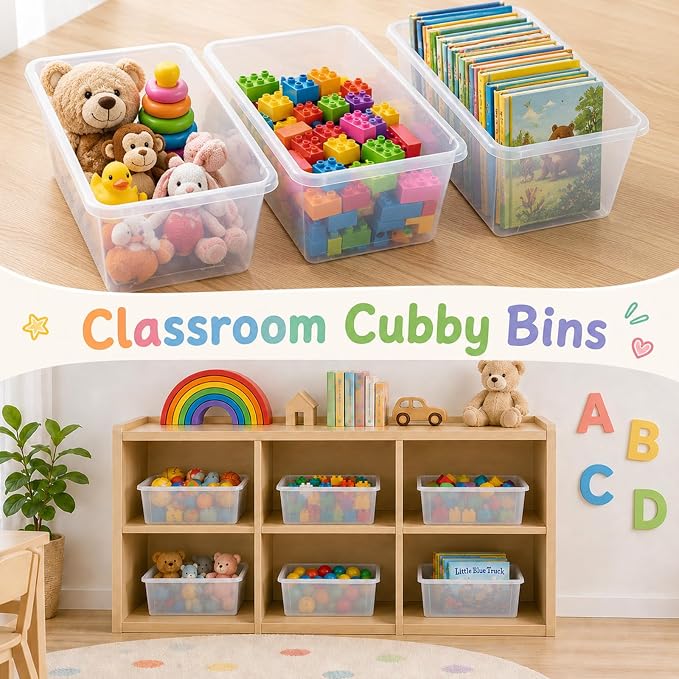 gisgfim 24 Pack Plastic Cubby Storage Bins Crew Toy Stackable Bin Classroom Plastic Cubby Bins Stackable Storage Containers Classroom Book Bin for Student Teacher School Office Home(Clear) - Image 7