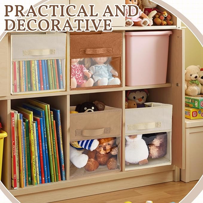 Marsui 12 Pcs Clear Cube Storage Bins Brown Collapsible Kids Storage Bins Fabric Classroom Organizer with Window for Kid Playroom Room Daycare Nursery - Image 7
