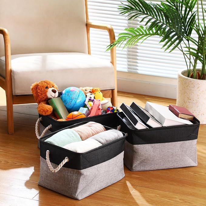 meekoo 8 Pack Collapsible Storage Bins Fabric Storage Bins Polyester Fabric Baskets with Handles Linen Closet Organizer for Shelf Home Closet Towels Toys(15 x 11 x 9.5 in,Black Gray) - Image 7