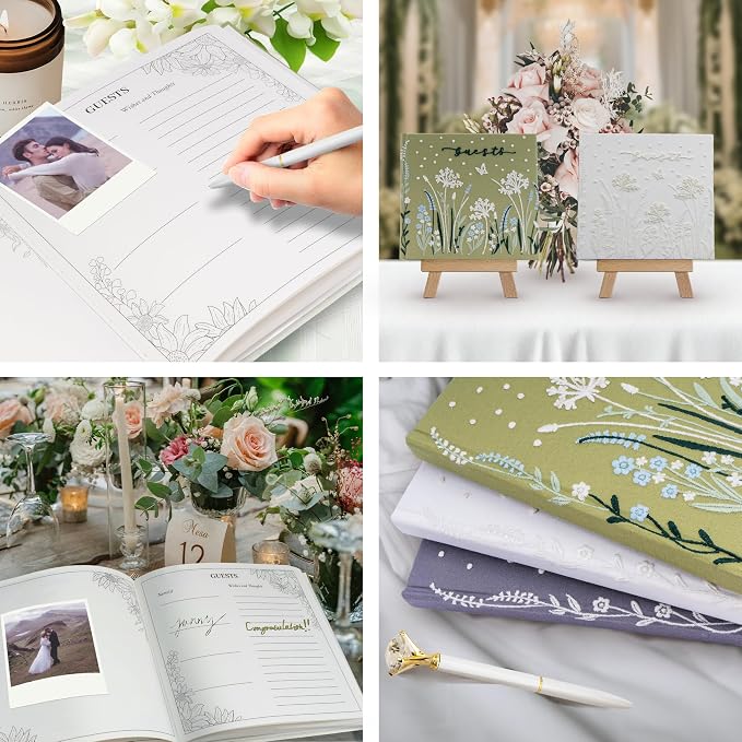 Embroidered Wedding Guest Book—The Perfect Polaroid Guest Book for Wedding Receptions, Birthdays, Baby Showers, and Special Events with 3 Photo Corner Stickers+ 3 DIY pens+1 Diamond Pen(Cream) - Image 6