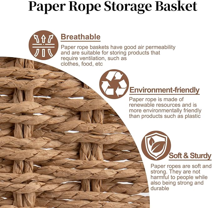 OIAHOMY Scalloped Wicker Baskets, Hand-woven Storage Baskets with Built-in Handles, Paper Rope Shelf Baskets for Organizing and Decoration, Set of 3-Yellow - Image 8