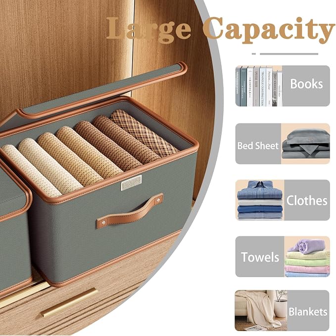 Tuza 4 Pack Storage Bins with Lids, Collapsible Closet Organizer Container, Fabric Organizer Box with Handles, Decorative Storage Boxes with Lids for Organizing Clothes, Blanket, Grey, Extra Large - Image 7