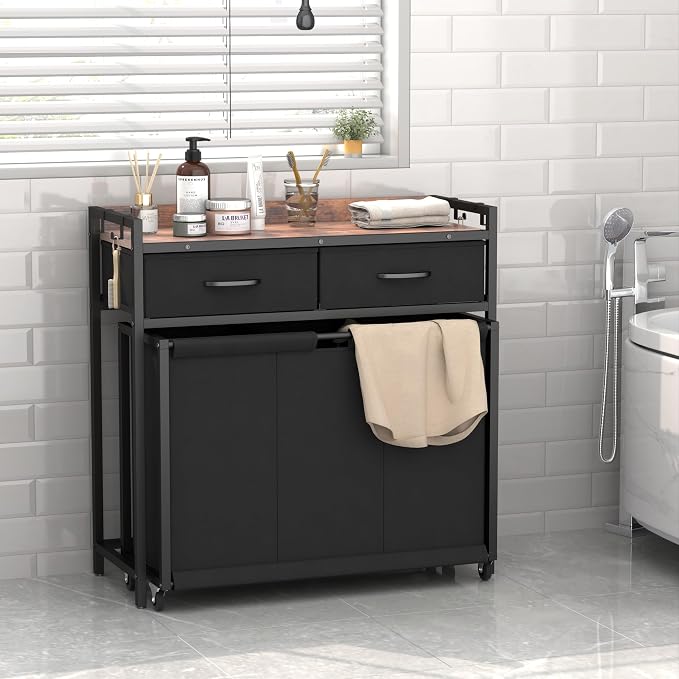 STIKELY Laundry Hamper Laundry Basket with 3 Section Pull-Out Rolling Bags, Laundry Sorter for Organization and Storage with 2 Pull-Out Drawers for Laundry Room, Bathroom, Bedroom Use (Rustic Brown) - Image 9