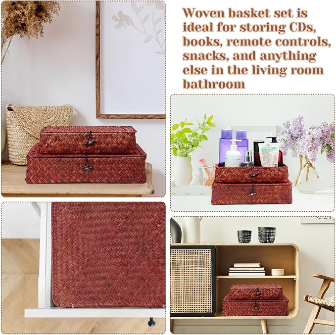 Didaey Set of 4 Seagrass Basket with Lid Wicker Storage Basket Decorative Storage Boxes with Lids Flat Storage Bins Woven Organizer Baskets for Shelf Closet Bedroom, 4 Sizes (Retro Red) - Image 7