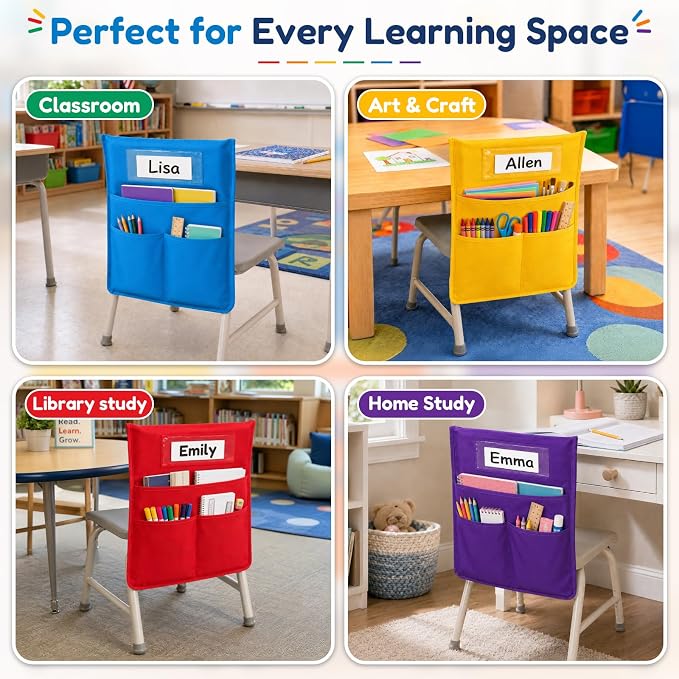 LACCHOUFEE Chair Pockets for Classrooms, 16" X 19" Seat Pockets for Classroom Chairs K-2, 12 Pack Chair Bags Organizer with Name Tag for Student Classroom Chair Back Storage in School, Multicolor - Image 8