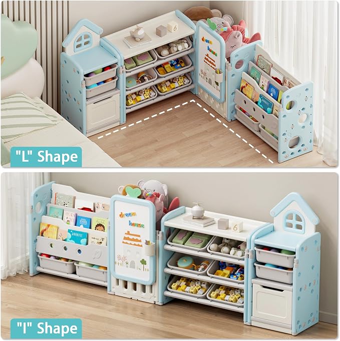 Kids Toy Storage Organizer with 10 Removable Bins, Foldable Toy Organizers and Storage with 3-Tier Bookshelf for Kids Toy Storage Organizer with Drawing Board, Extra 3 Brushes (4 In 1 Light Blue) - Image 8