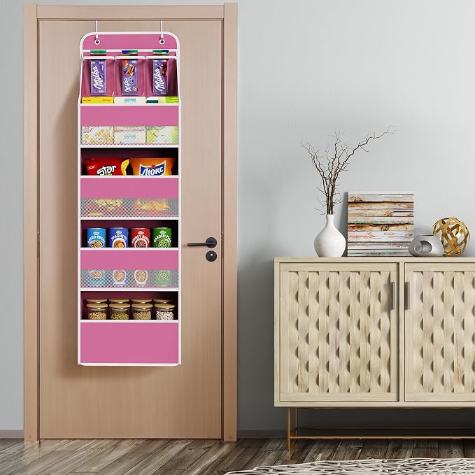 Univivi Fabric Over Door Hanging Organizer for Baby Nursery, Pink, 5-Shelf | Door Storage with Large Capacity Breathable Mesh Pockets, Over Door Storage Organizer for Baby Essential, Bedroom, and Dorm - Image 6