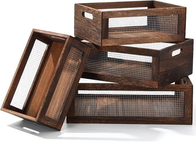 FillTouch 4 Pcs Wooden Nesting Countertop Baskets 4 Size Wooden Storage Box with Handle and Metal Wire Multipurpose Wood Organizer Crate for Fruit Vegetable Kitchen Cabinet Bathroom(Dark Brown,Large) - Image 7