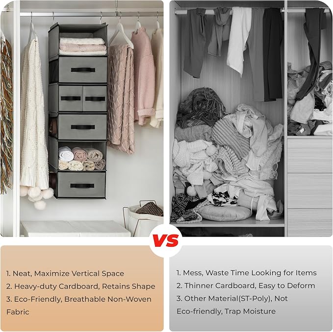 GRANNY SAYS Hanging Closet Organizer, 5 Drawers, 6 Shelves, 6 Pockets, Gray | Hanging Closet Organizer with 5 Different Drawer Designs, 6 Shelves & Reinforced Structure for Organized Small Spaces - Image 9