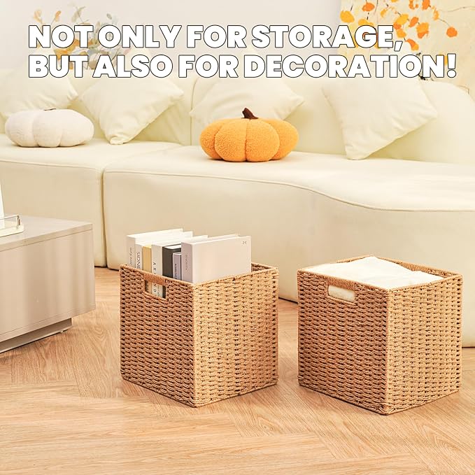 ICERZCZ Wicker Storage Cube Bins for Shelves Closet, Paper Rope Woven Baskets for Storage, Cube Storage Organizer Bin, 11"x10.25"x11", 2 Packs, Yellow - Image 7