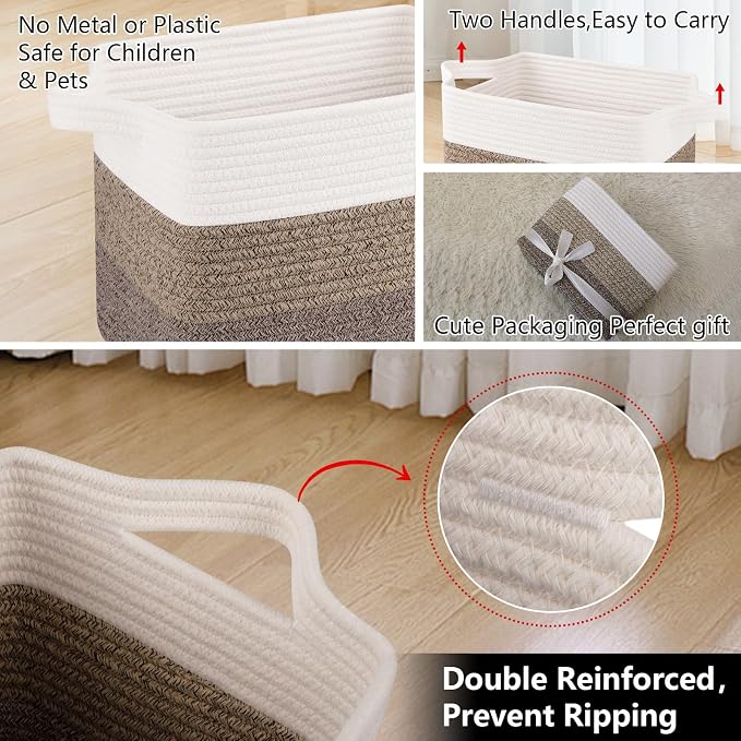 OIAHOMY Woven Storage Basket, Cotton Rope Baskets for Toys,Towel, Clothes, Used to Bathroom,Living Room,Nursery,Bedroom, 16"x12"x10"- Pack of 3, Gradient Dark Brown - Image 7