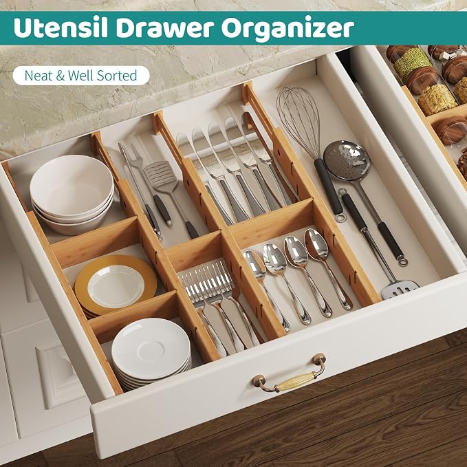 Bamboo Drawer Dividers with Inserts, Kitchen Adjustable Drawer Organizers, Expandable Organization for Home, Dressers, 4 Dividers with 8 Inserts - Image 8