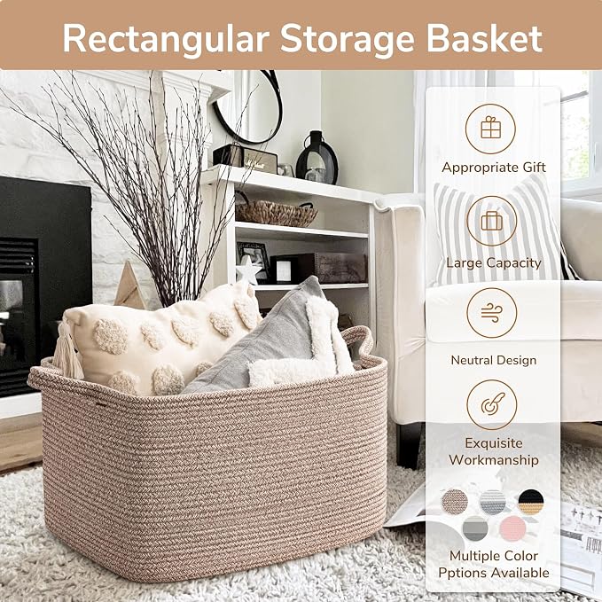Goodpick Large Woven Rope Blanket Basket, Rectangle, Brown, 75L | 21.6'' x 14.9'' x 11.8'' Storage Basket for Blankets, Toys & Clothes, Living Room & Nursery Organization, Reinforced Handles - Image 7
