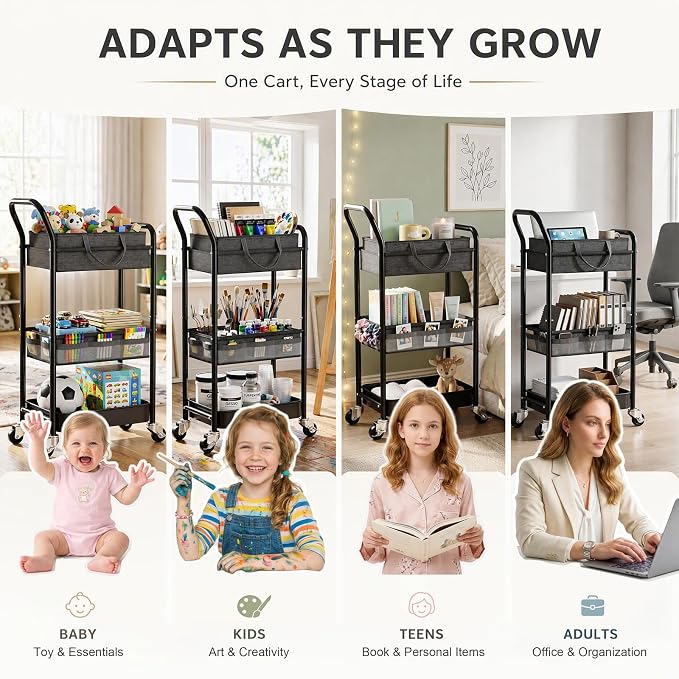 Baby Diaper Caddy Organizer Cart with Adjustable Shelf and Detachable Dividers, Grey 3 Tier Postpartum Carts on Wheels, Rolling Storage Cart for Baby Essentials, Newborn Must Haves, Bedside, Nursery - Image 8