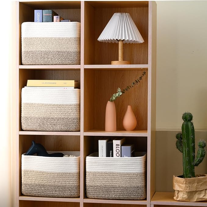 Small Storage Baskets for Organizing Shelves, Woven Cotton Rope Basket for Storage, Cute Rectangular Book Toy Baskets, 12.7"×9.1"×7.9", 4 Packs, Gradient Brown - Image 6