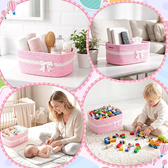 10 Pack Empty Gift Baskets, 12x8x5 Small Pink Woven Cotton Rope Baskets with Gift Bags & Ribbons, Decorative Baby Shower Hamper, Nursery Storage Basket with Handles for Shelves - Image 8