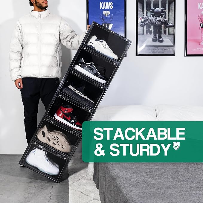 Ollie XL Foldable Stackable Shoe Storage Box Organizer (24-Pack, Black) | Stackable Clear Shoe Boxes, Rangement Chaussures, Rangement Soulier for Sneakers - Image 6