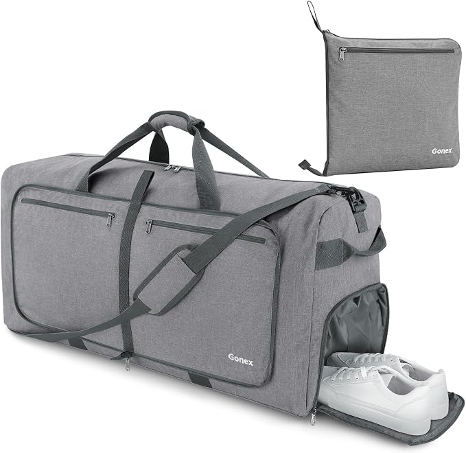 Gonex 100L Foldable Travel Duffle Bag with Shoe Compartment, Lightweight | 210D Nylon, Water-Repellent, Folds Compact, Multiple Pockets, Luggage Sleeve,Family Travel & Camping, Light Grey - Image 8