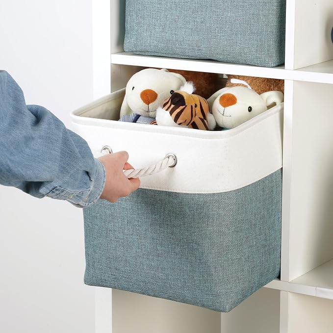 Temary 12 Inch Cube Storage Baskets 4 Pack Fabric Storage Bin for Organizing, Shelf Baskets for Home Office Closet, Collapsible Cube Storage Bins (White&Dark Green) - Image 7