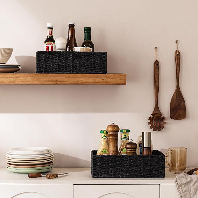 UBBCARE 2 Pack Wicker Basket, 11.5L×7.5H×3.5W inch Woven Paper Rope Storage Baskets for Shelves, Foldable Rectangular Storage Baskets with Handle, Storage Basket for Organizing, Black - Image 7