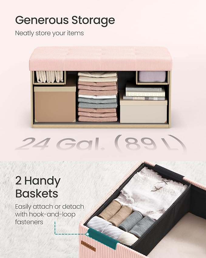 SONGMICS Mazie Collection - Storage Ottoman Bench, Foldable Foot Rest, 15 x 30 x 15 Inches, End of Bed Bench, Storage Chest, Load 660 lb, Living Room, Bedroom, Entryway, Jelly Pink ULSF603R01 - Image 6