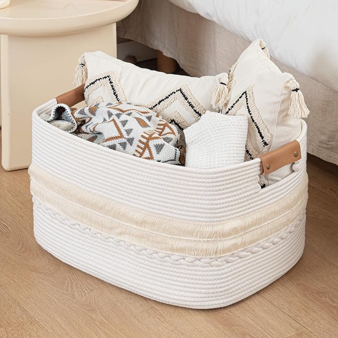 108L Large Basket for Living Room, Boho Decorative Basket Organizing with Handles, Cotton Rope Storage for Toys, Pillows, Clothes, 25’’*16’’*16’’ White - Image 8