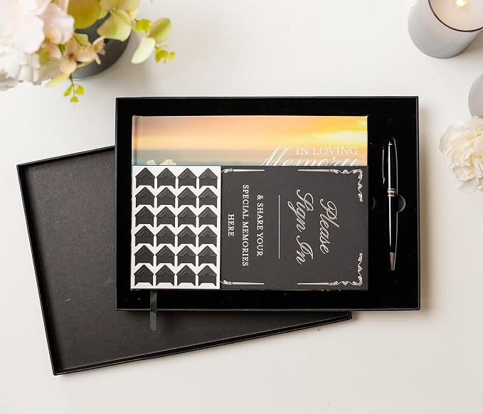 Ocean Hardcover Funeral Guest Book - 9.5 x 7 Celebration of Life Guestbook for Memorial Service with 5x7 Paper Sign, Pen, Black Photo Corner Stickers - Image 7