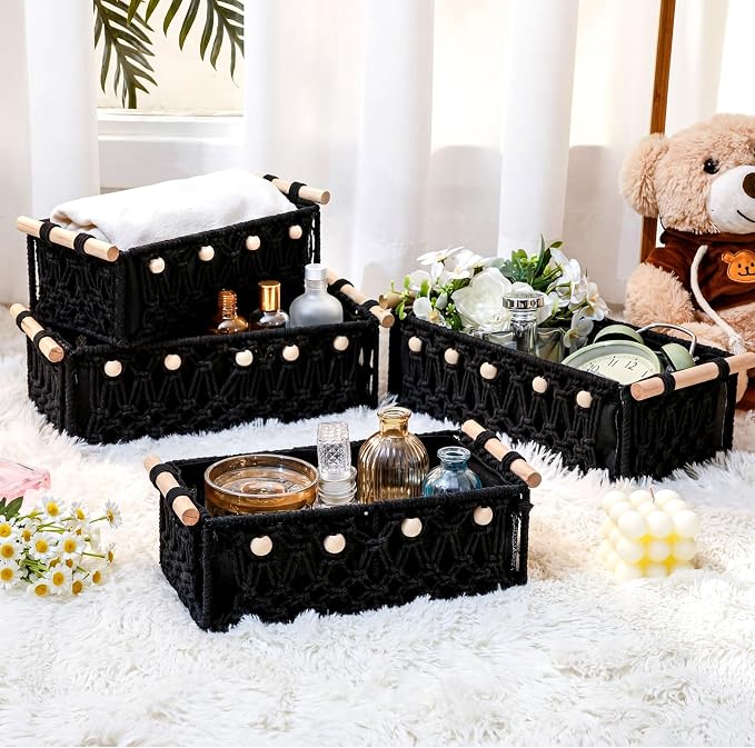 Vesici 4 Pcs Black Macrame Storage Basket for Shelves 13 in 11 in Boho Storage Basket Hand Woven Boxes with Wood Handles Beads Decorative Countertop Toilet Tank Cabinet Organizer for Home Room Decor - Image 6