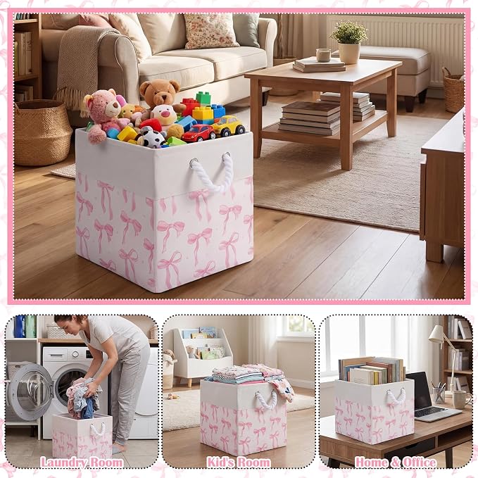 LemonRoad 6 Pcs Pink Bow Cube Storage Bins Square 11.22 Inch Storage Basket with Handle Preppy Girl Organizer Basket Collapsible Fabric Box for Classroom Bedroom Office Home Decoration Gift - Image 7